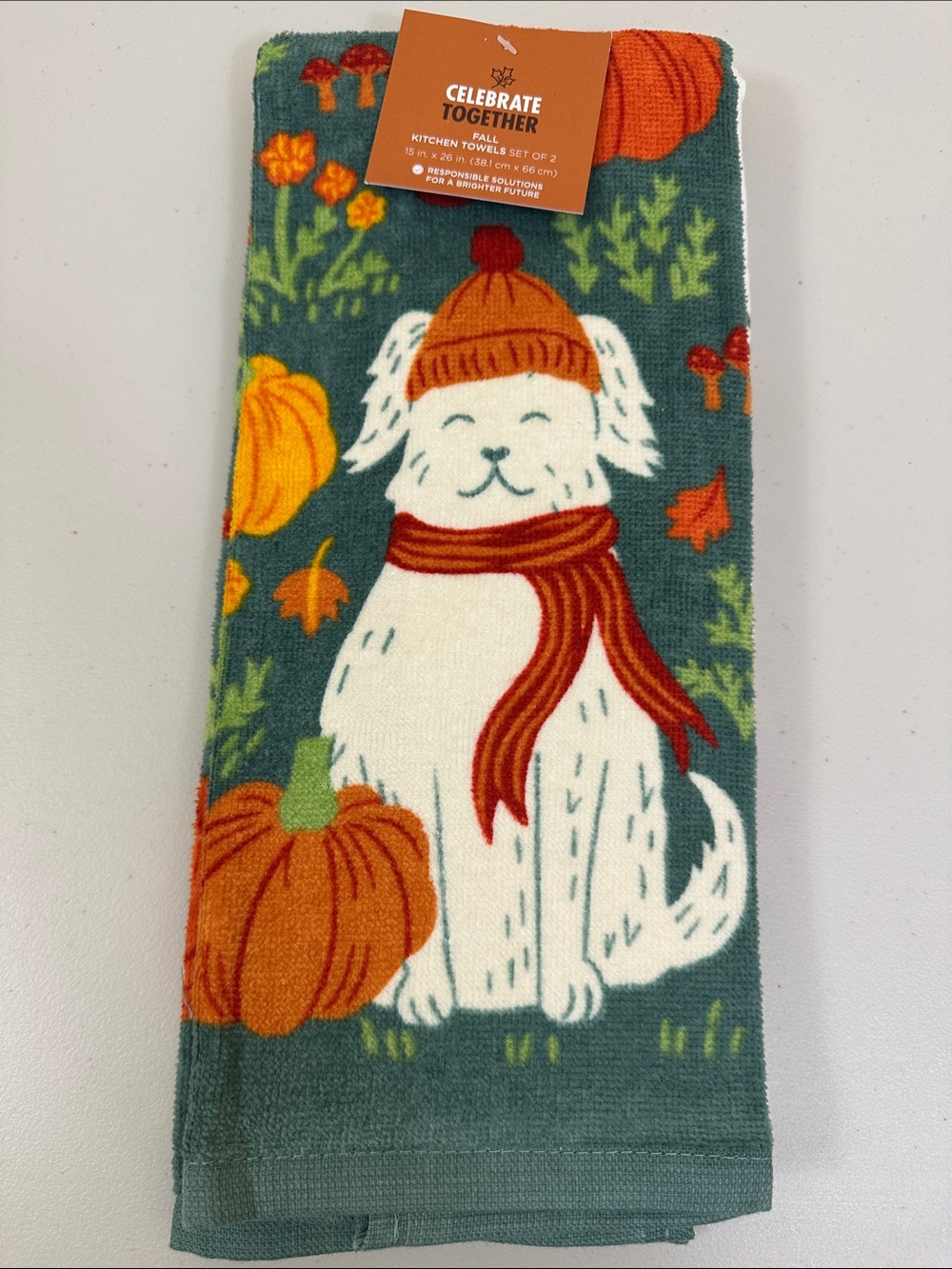 Celebrate Together Fall Dog Kitchen Towel Set - Green & Cream